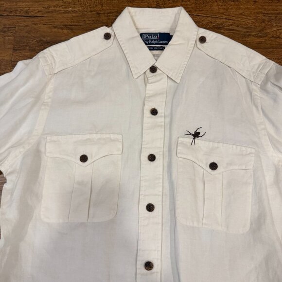 VTG Rare Polo Ralph Lauren Beige Trim Military Spider Logo Button Up Shirt Men M - Picture 1 of 10